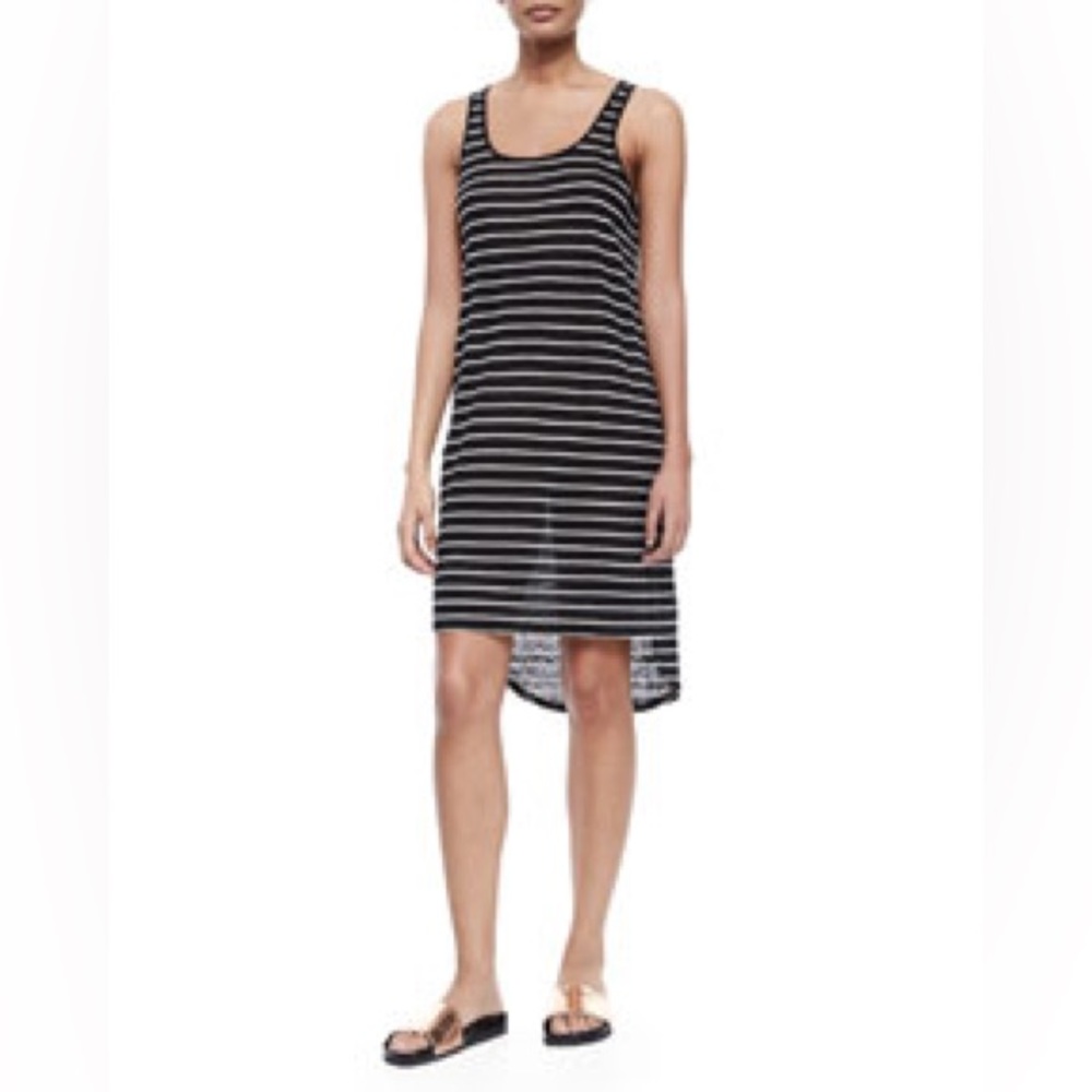 Vince Striped Linen Tank Dress size S Scoop Neck Hi Low Hem Stretch Jersey